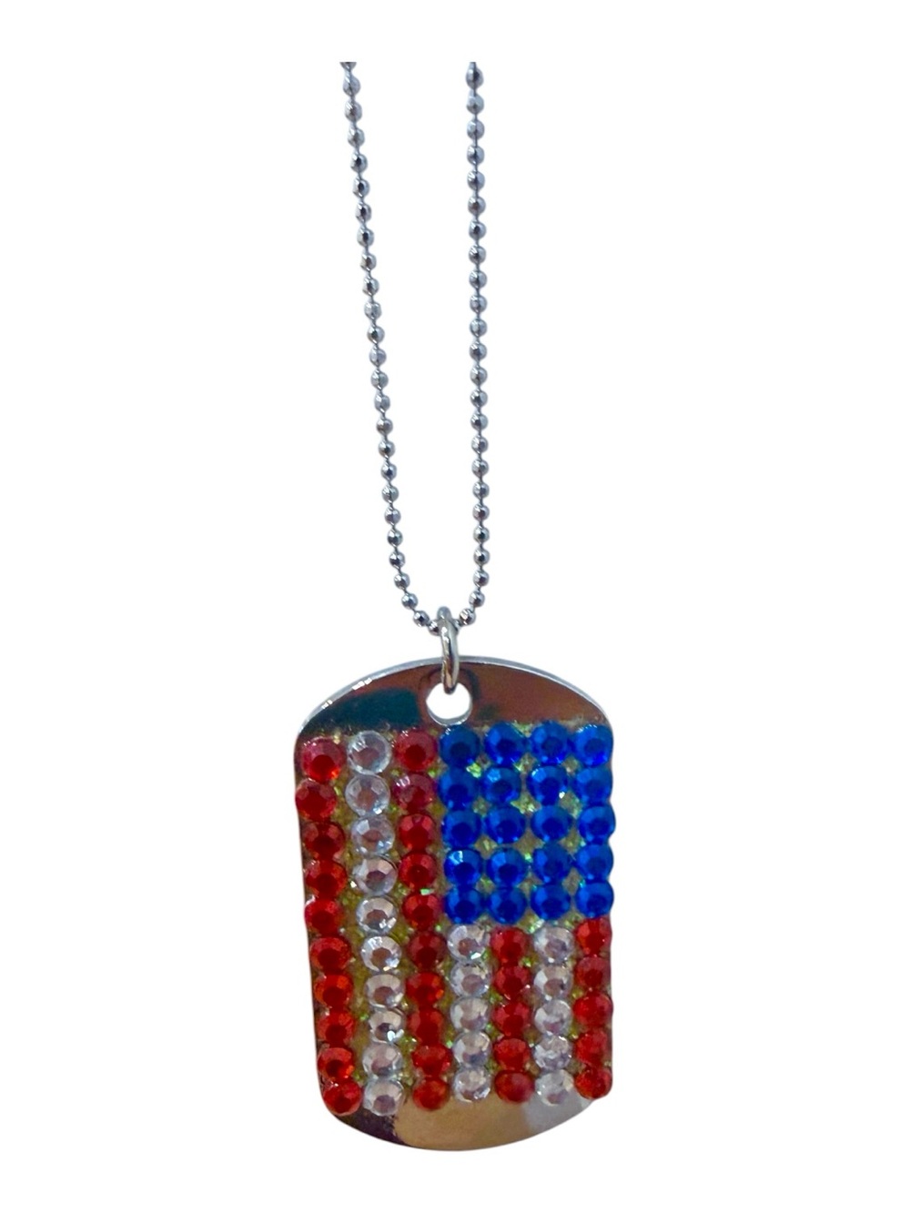 Patriotic Crystal Dog Tag Necklace - Red White Blue